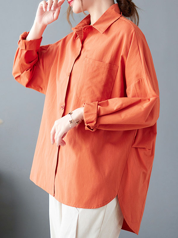 flowersverse Solid Color High-low Long Sleeves Lapel Blouses&shirts Tops