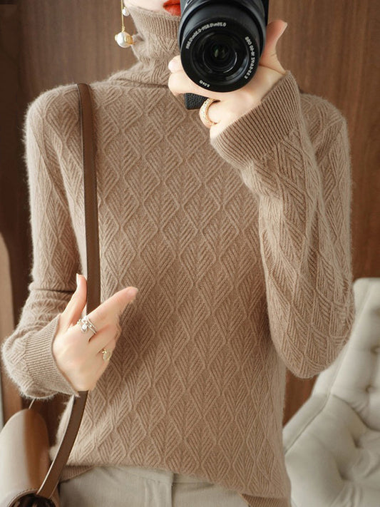 flowersverse Solid Color Long Sleeves High-Neck Sweater Tops