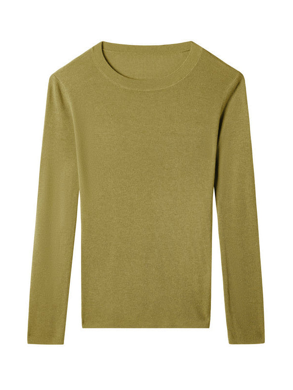 flowersverse Solid Color Long Sleeves Skinny Round-Neck Sweater Tops Pullovers Knitwear