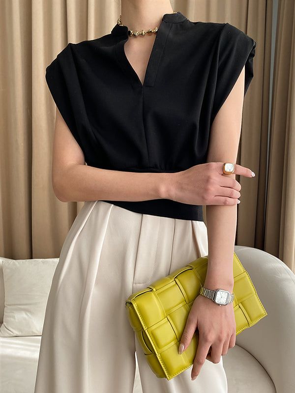 flowersverse Loose Sleeveless Split-Joint Solid Color V-Neck Vest Top