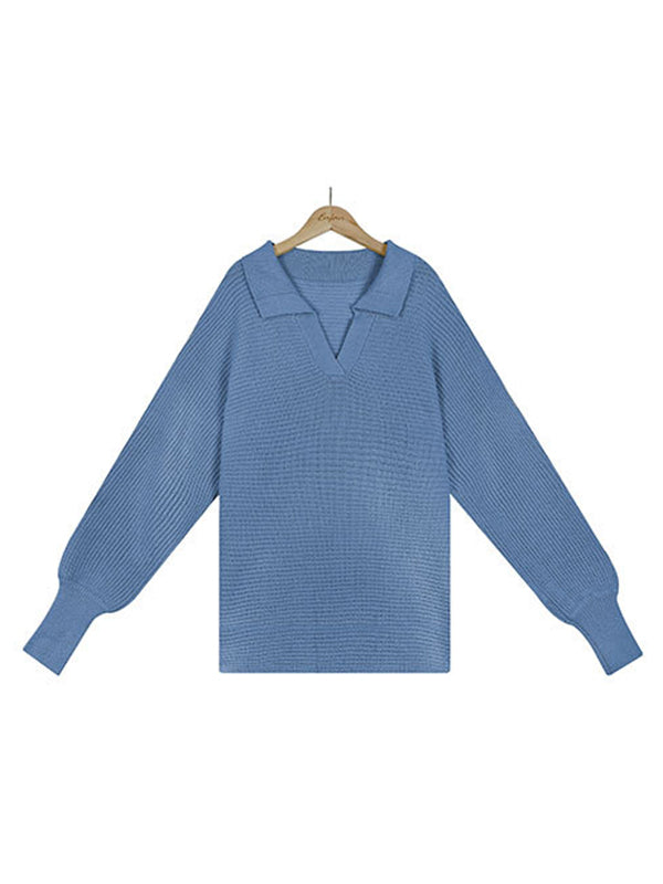flowersverse Long Sleeves Solid Color Lapel V-Neck Sweater Tops