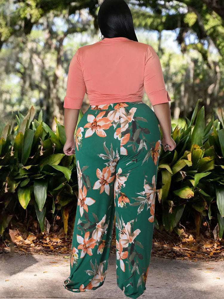 flowersverse Plus Size Two Piece Crop Top Long Pants Outfits