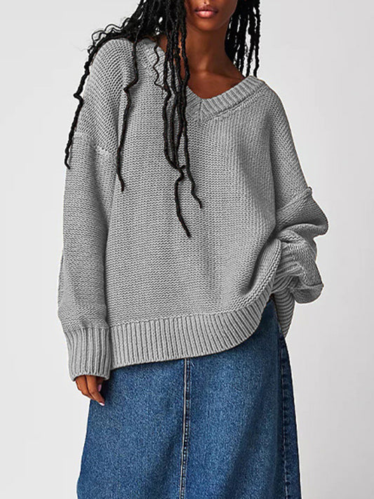 flowersverse Solid Color Velvet Long Sleeves Loose V-Neck Sweater Tops Pullovers