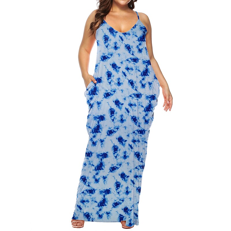 flowersverse Women's Plus Size Casual Dress Shift Dress Slip Dress Leaf Tie Dye Long Dress Maxi Dress Sleeveless Pocket Print Strap Fashion Daily Light Yellow White Spring Summer XL XXL 3XL