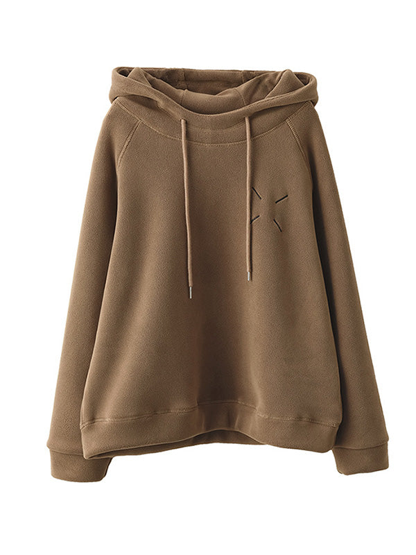 flowersverse Simple Long Sleeves Loose Velvet Keep Warm Solid Color Hoodies Tops