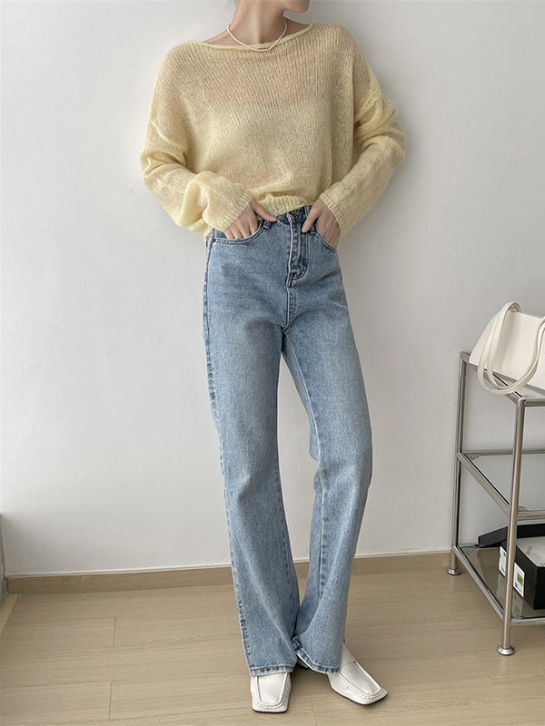 flowersverse Gentle Mohair Knitted Loose Long Sleeves Solid Color Thin Sweater Tops