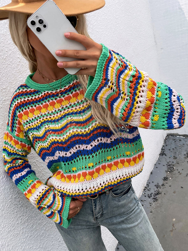 flowersverse 4 Colors Loose Contrast Color Round-Neck Sweater Top