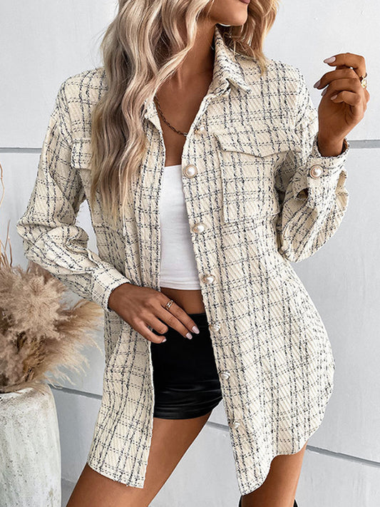 flowersverse Buttoned Plaid Pockets Tied Waist Long Sleeves Loose Lapel Outerwear