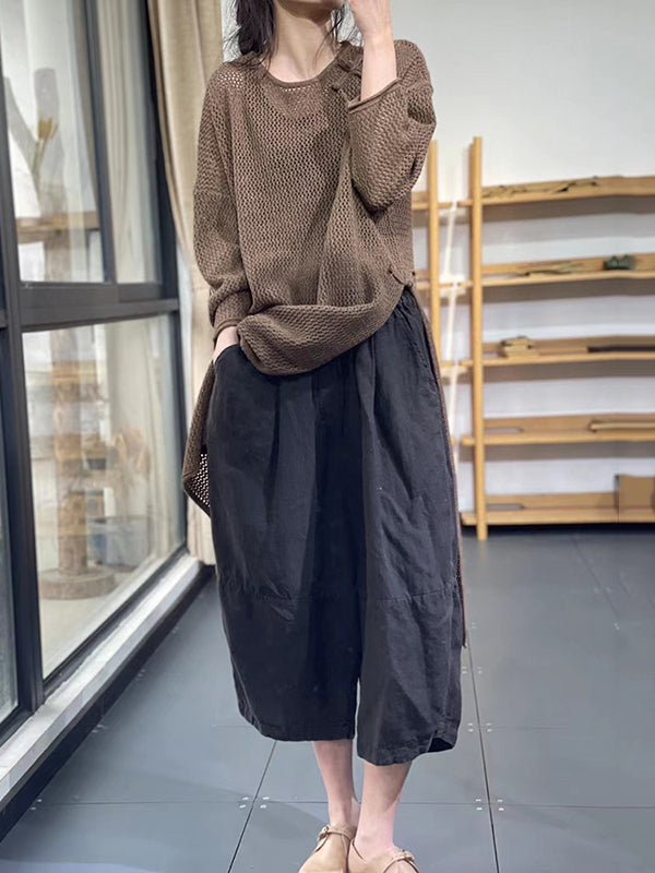 flowersverse Asymmetric Hollow Split-side Long Sleeves Loose Round-neck Sweater Tops