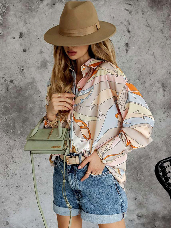 flowersverse Casual Loose Printed Lapel Collar Blouses&Shirts Tops