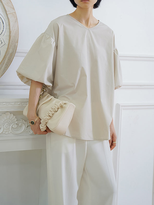 flowersverse Solid Color Half Sleeves Loose V-Neck Blouses&Shirts Tops