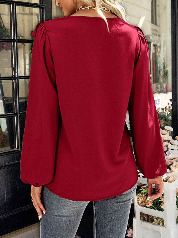 flowersverse Simple Long Sleeves Loose Falbala Solid Color V-Neck Blouses&Shirts Tops