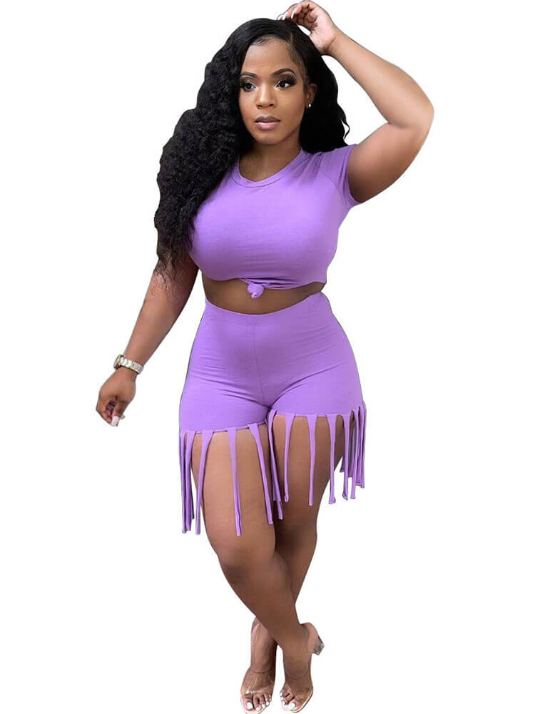 flowersverse 2 Piece Plus Size Knot Front Short Sleeve Tops Tassels Shorts