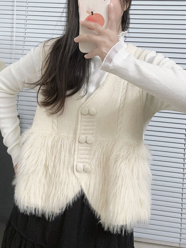 flowersverse Buttoned Solid Color Split-Joint Loose Sleeveless V-Neck Vest Outerwear