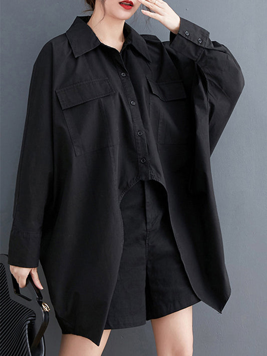 flowersverse Casual Long Sleeves Irregularity Buttoned Solid Color Lapel Collar Blouses&Shirts Tops