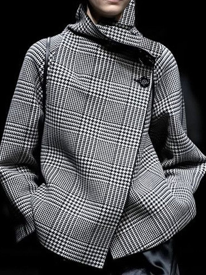 flowersverse Asymmetric Houndstooth Plaid Long Sleeves Loose Stand Collar Outerwear Jackets