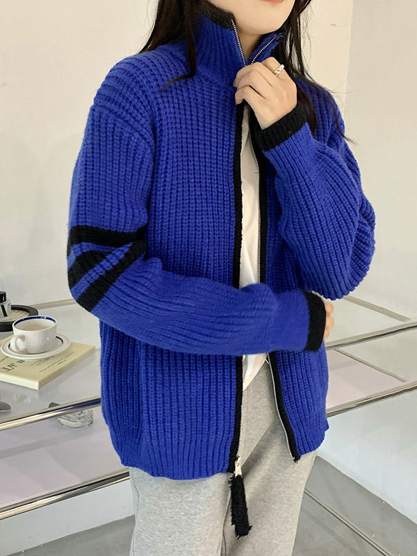 flowersverse Casual Contrast Color Zipper High-Neck Cardigan Tops