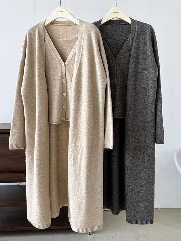 flowersverse Buttoned Solid Color Long Sleeves Loose V-Neck Knit Vest + Cardigan Two Pieces Set