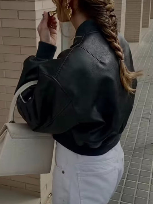 flowersverse Quilted Solid Color Zipper Stand Collar PU Outerwear Jackets