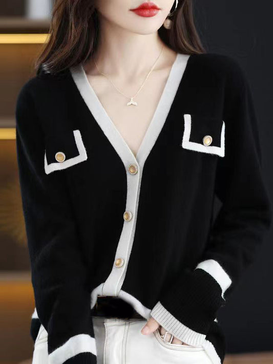 flowersverse Buttoned Long Sleeves Loose V-Neck Knitwear Cardigan Tops