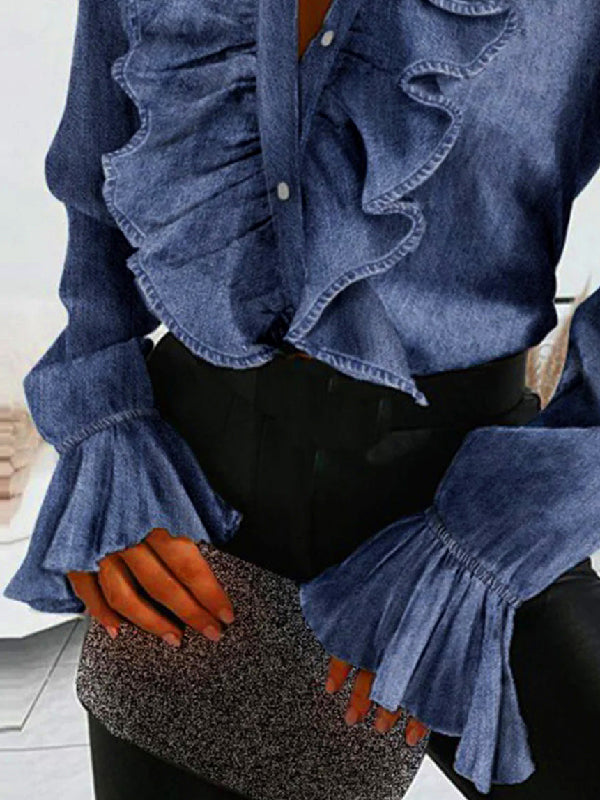 flowersverse Flared Sleeves Falbala Solid Color Stand Collar Blouses&Shirts Tops