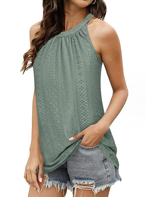 flowersverse Hollow Solid Color Loose Sleeveless Round-Neck Vest Top