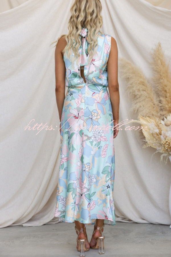 flowersverse Love In The Garden Floral Halter Neck Elastic Waist Maxi Dress