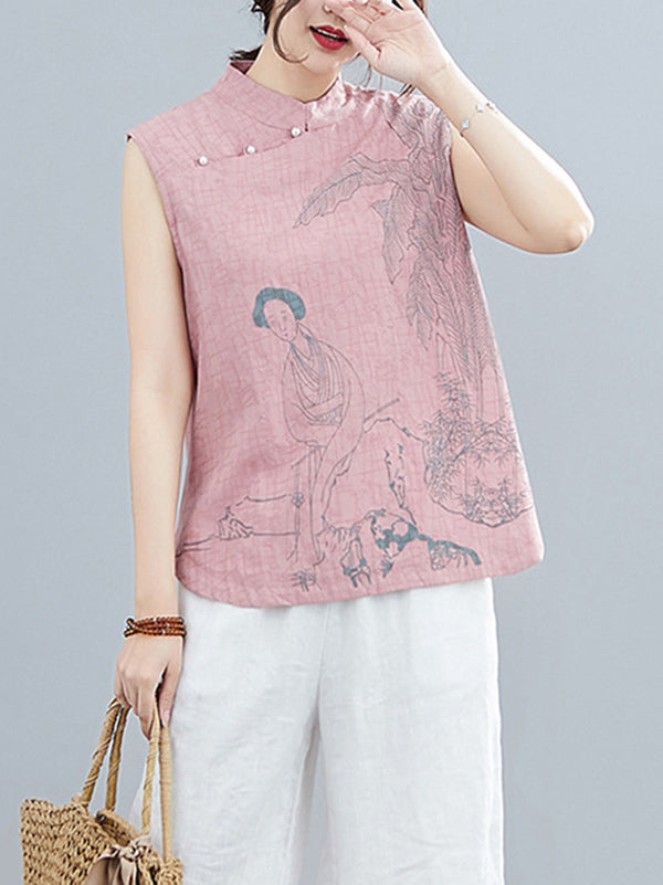 flowersverse Artistic Retro Chinese-Style Printed Buttoned Stand Collar Sleeveless Vest