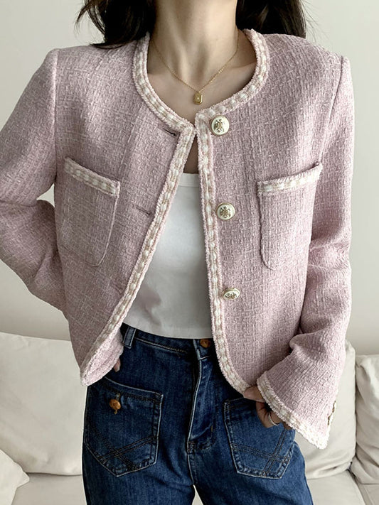 flowersverse Buttoned Pockets Split-Joint Long Sleeves Loose Round-neck Outerwear