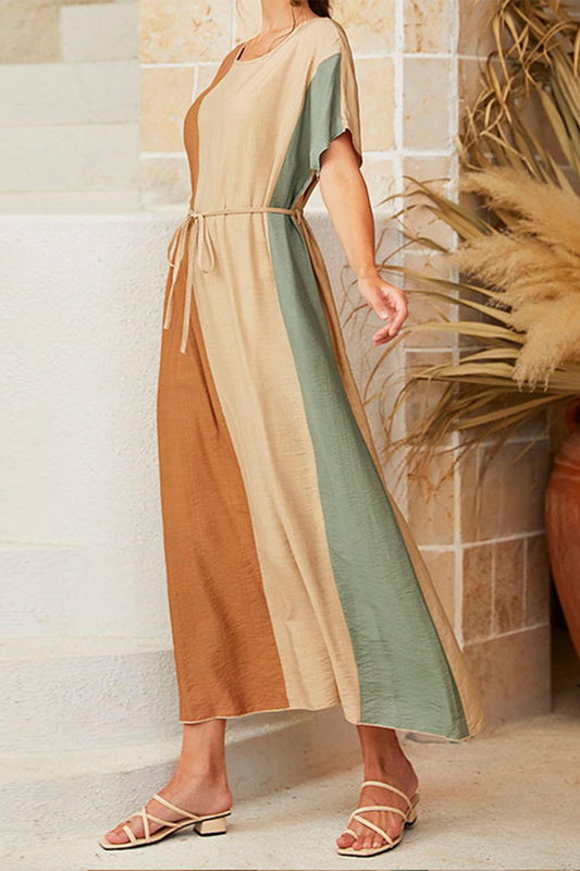 flowersverse Casual Color Lump With Belt Contrast O Neck Dresses