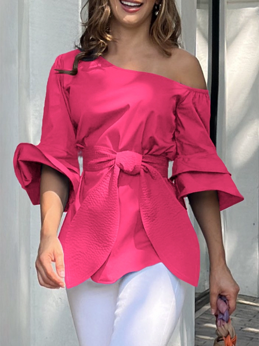 flowersverse Asymmetric Knot Solid Color Flared Sleeves One-shoulder Blouses&shirts Tops