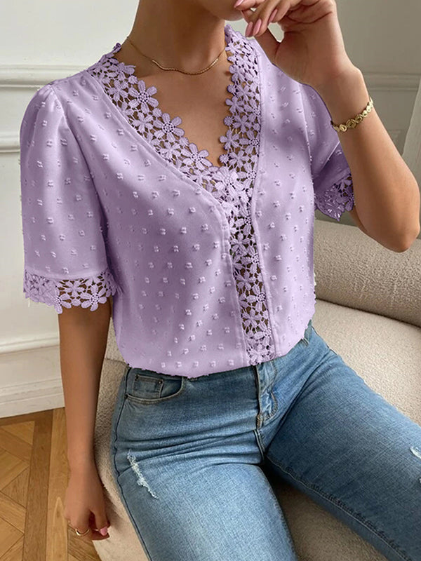 flowersverse Applique Solid Color Loose Short Sleeves V-neck Blouses&shirts Tops