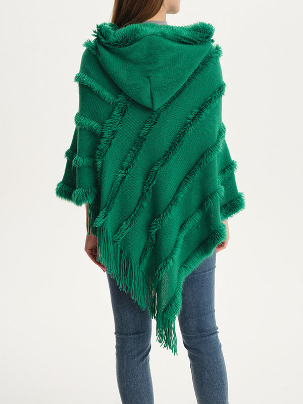 flowersverse Hooded Keep Warm Solid Color Tasseled Shawl&Cloak Cape