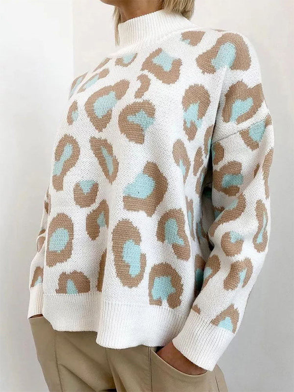 flowersverse Leopard Long Sleeves Loose Mock Neck Sweater Tops Pullovers