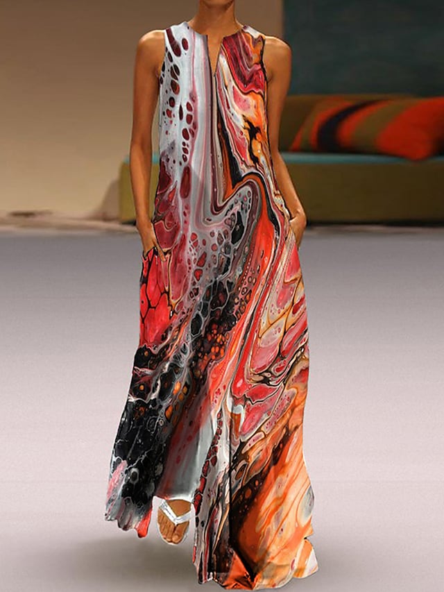 flowersverse Women's Long Dress Maxi Dress Casual Dress Sheath Dress Swing Dress Floral Cat Fashion Casual Daily Holiday Going out Pocket Print Sleeveless V Neck Dress Regular Fit Red Blue Green Spring Summer XS