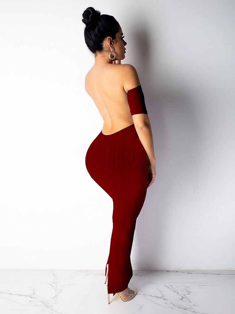 flowersverse Off Shoulder Backless Rib Sheath Bodycon Maxi Dresses