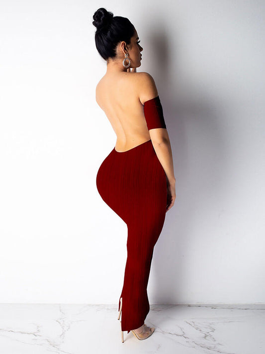 flowersverse Off Shoulder Backless Rib Sheath Bodycon Maxi Dresses