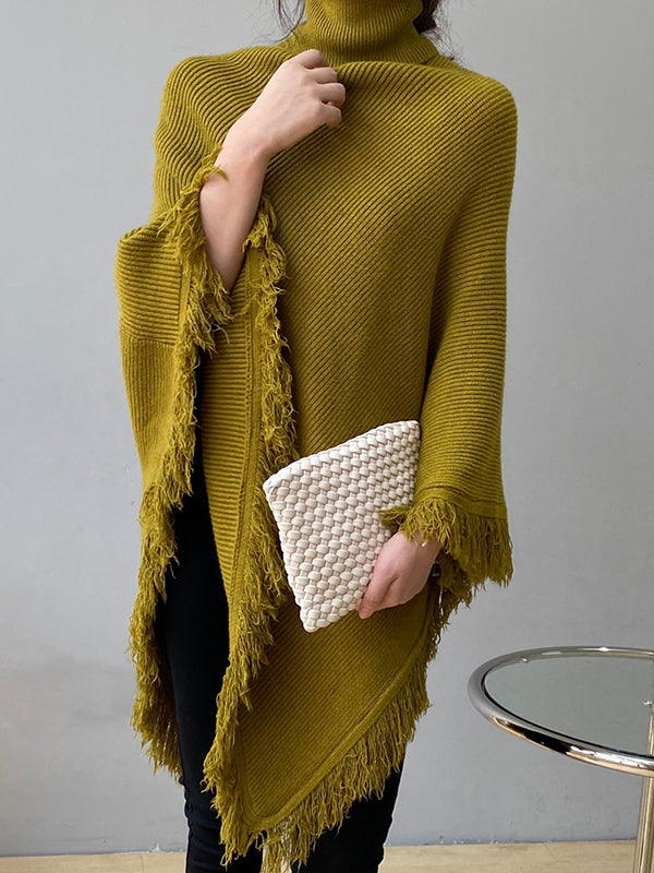 flowersverse Casual Loose Tasseled Solid Color High-Neck Sweater Tops