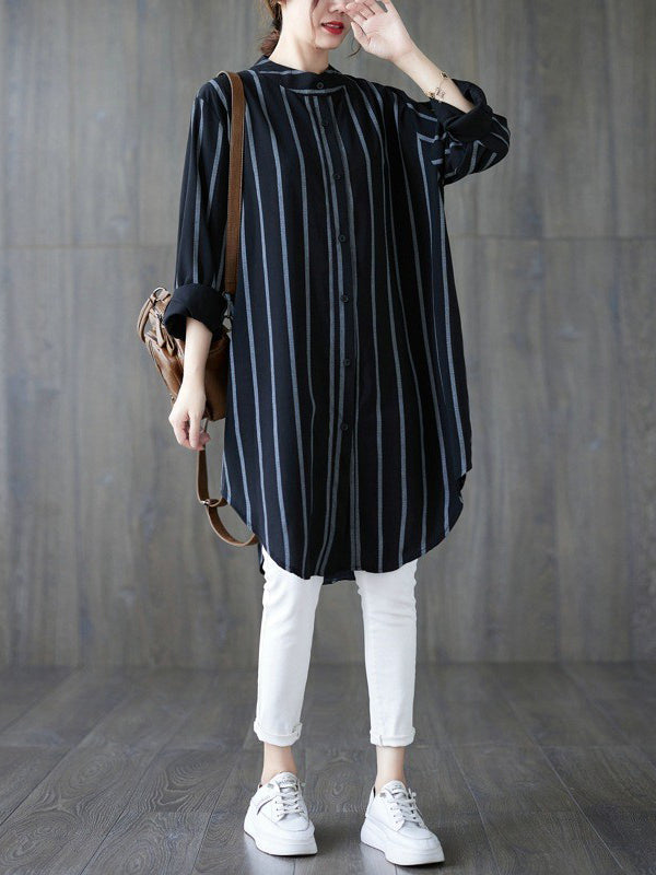 flowersverse Buttoned Striped Long Sleeves Loose Blouses&Shirts Tops