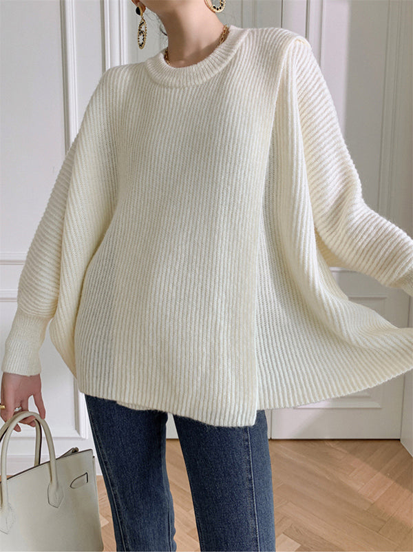 flowersverse Irregularity Loose Solid Color Batwing Sleeves Round-Neck Sweater Tops