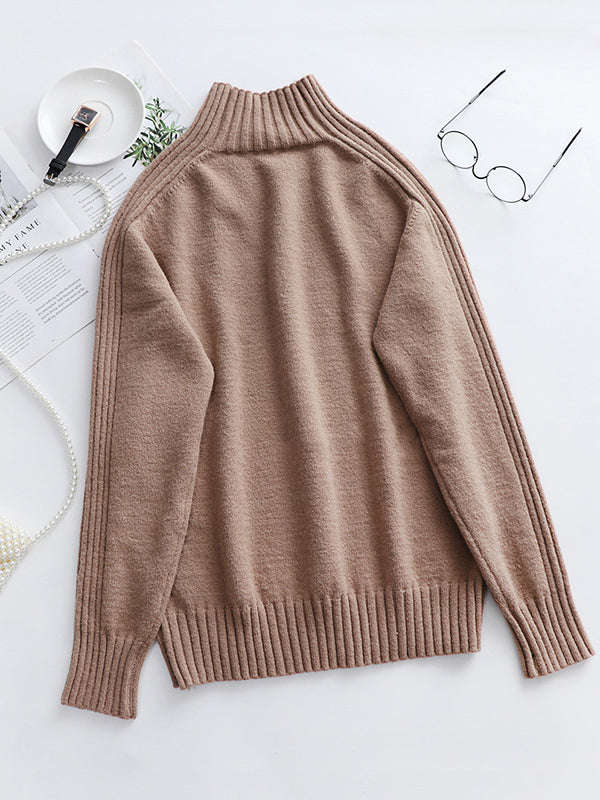 flowersverse Stylish Long Sleeves Loose Solid Color High-Neck Sweater Tops