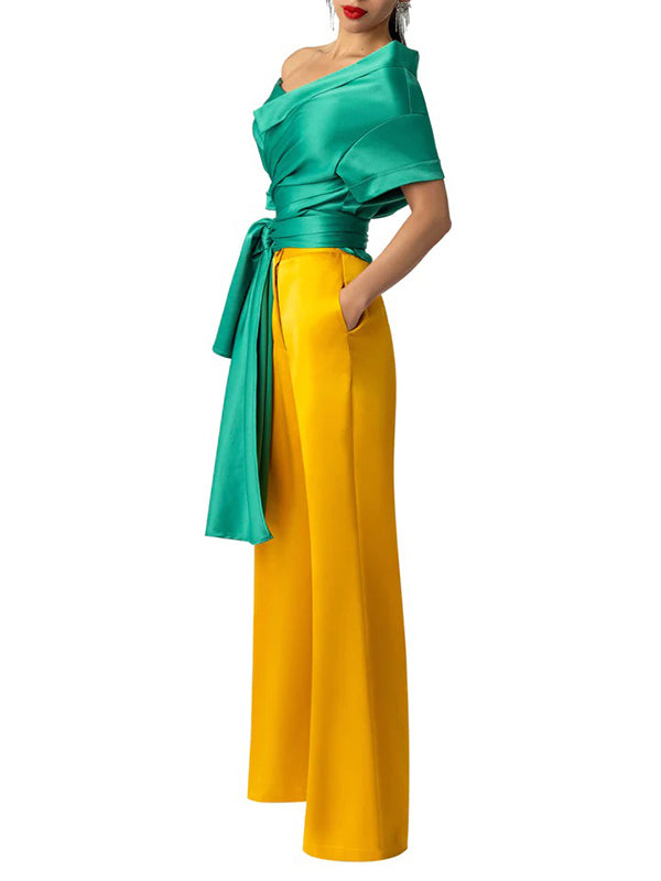 flowersverse Ribbed Ruffled Solid Color Short Sleeves One-shoulder Blouses&shirts Tops