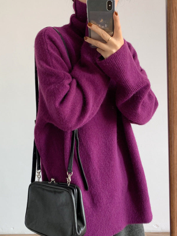 flowersverse Casual Long Sleeves Loose Solid Color High-Neck Sweater Tops