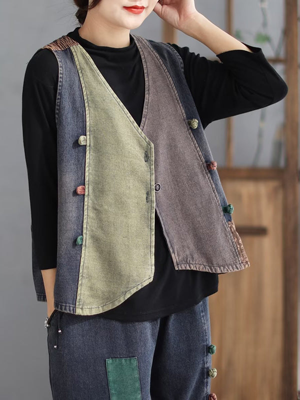flowersverse Loose Split-Joint V-Neck Vest Top + Jean Harem Pants Bottoms Two Pieces Set