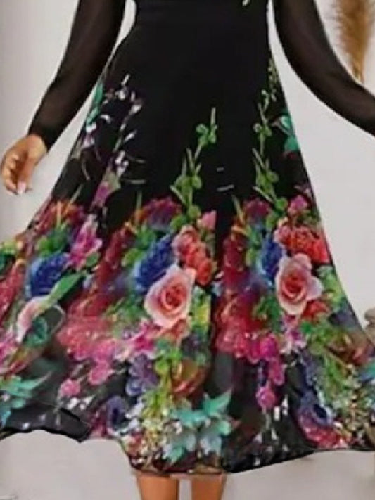 flowersverse Casual Floral Square Neck Long Sleeve Dress