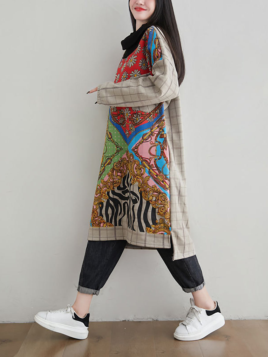 flowersverse Women Fashion Spliced Plaid Winter Fleece-lined Dress