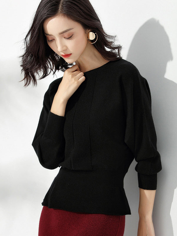 flowersverse Casual Long Sleeves Solid Color Boat Neck Tunic Sweater Tops