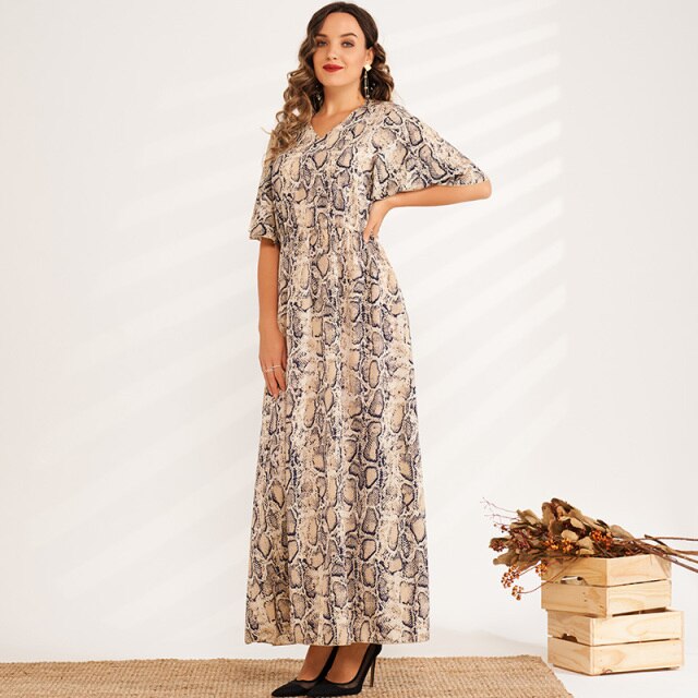 flowersverse Print Loose Elastic Waist Flared Sleeves V-neck Long Sweet Big A-line Dress