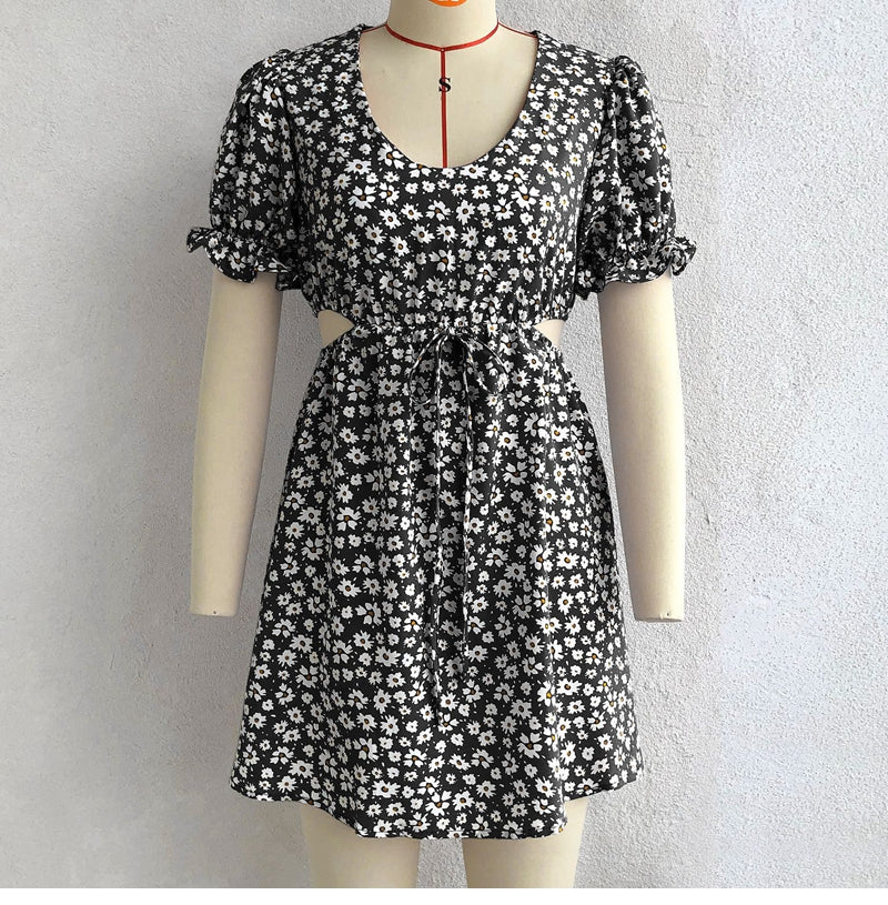flowersverse Women Spring Summer Puff Sleeve Show Waist Print Dress Ladies Sexy Floral Short Sundress