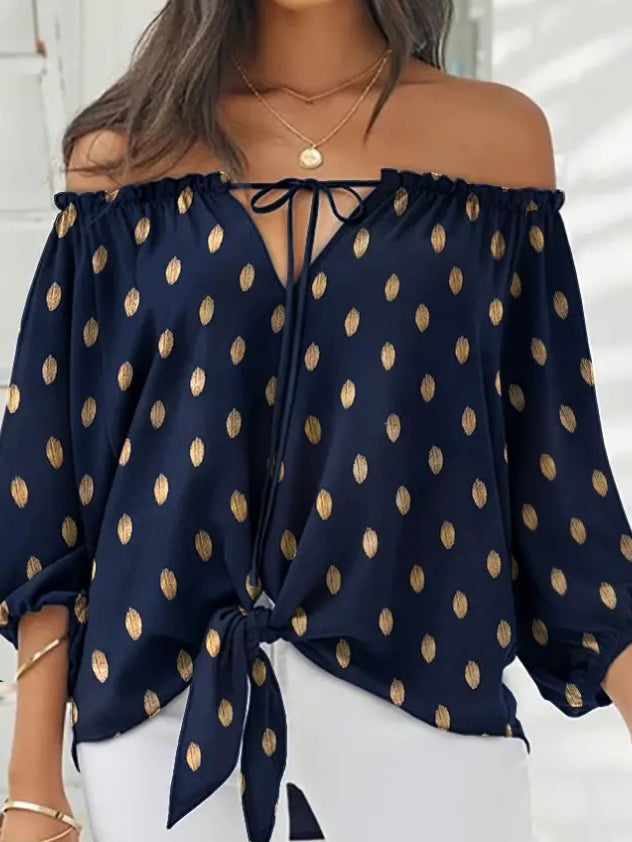 flowersverse Simple Long Sleeves Loose Drawstring Printed Off-The-Shoulder Blouses&Shirts Tops